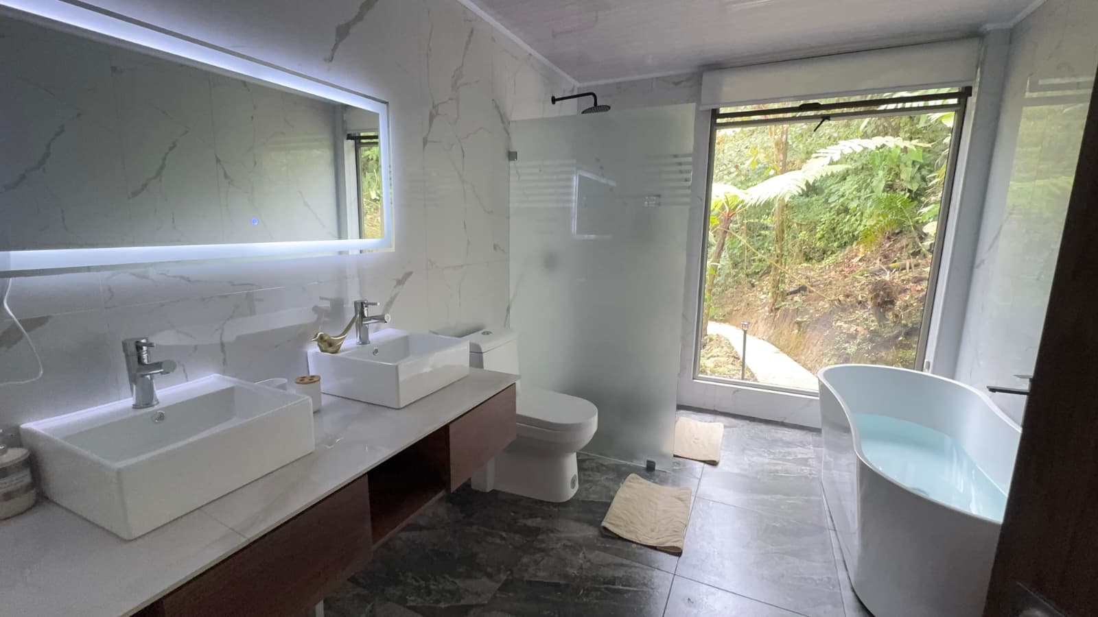 Luxury bathroom with soaking tub overlooking Mashpi cloud forest
