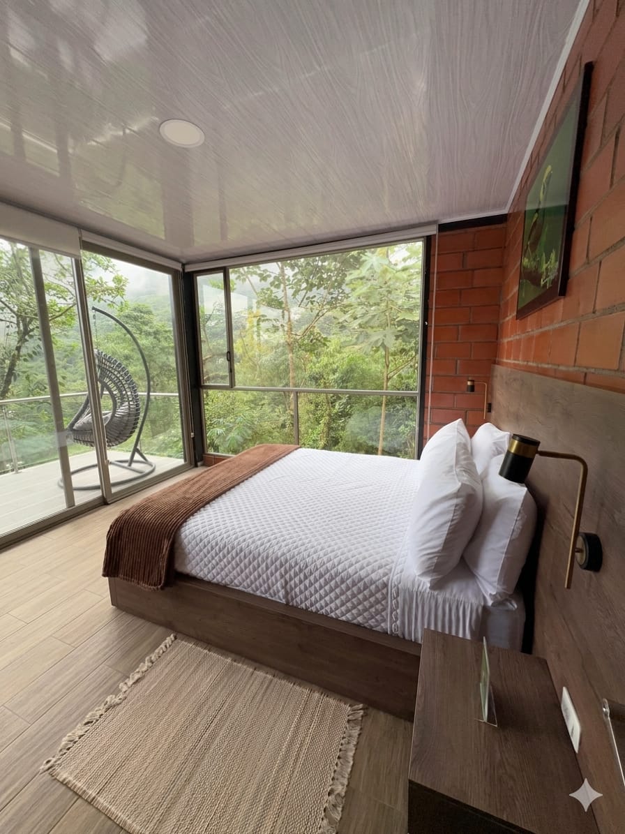 Bedroom with private balcony, Mashpi Amagusa luxury cabin