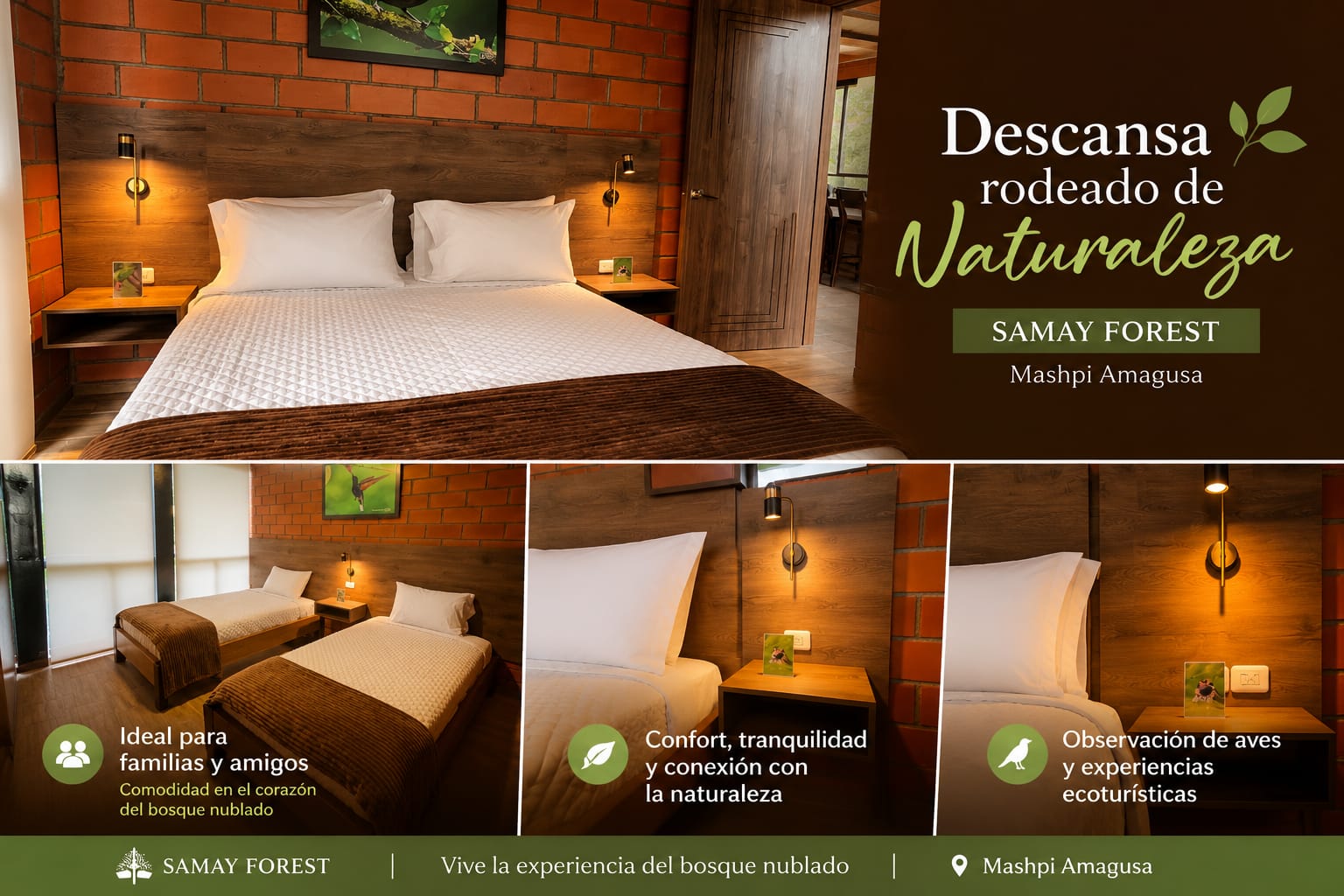 Luxury cabin bedroom with panoramic Mashpi cloud forest view — Chocó Andino, Ecuador